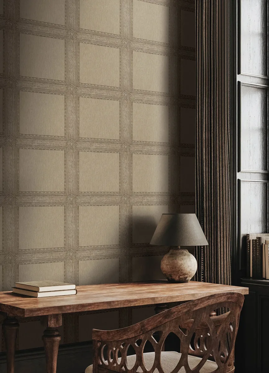 York Chris Loves Julia Moorland Wood Panel wallpaper styled interior