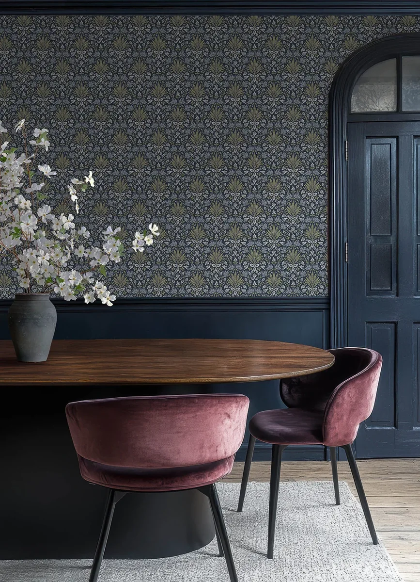 York Chris Loves Julia Woodbury Floral Damask wallpaper styled interior
