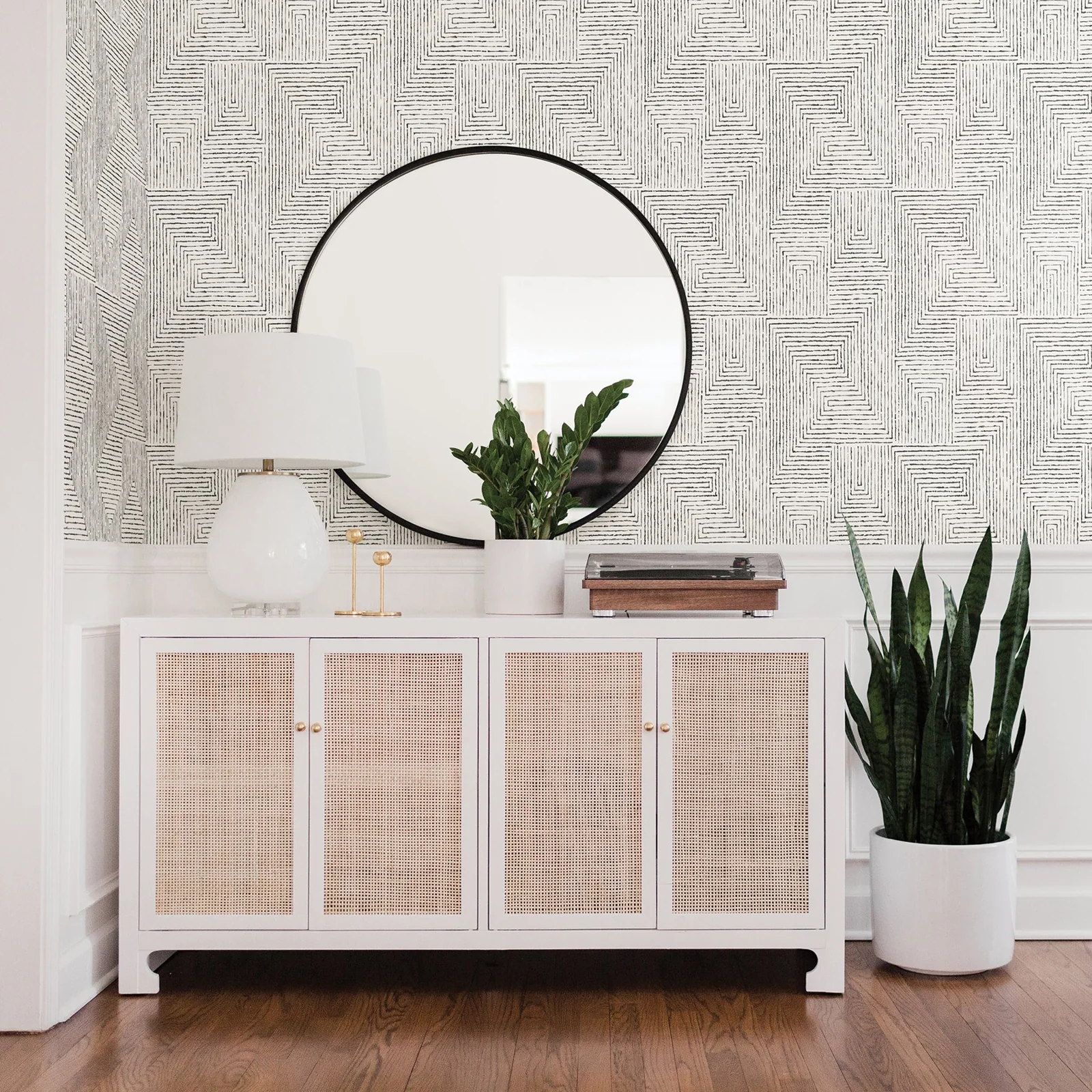 York Merritt Geometric wallpaper styled interior
