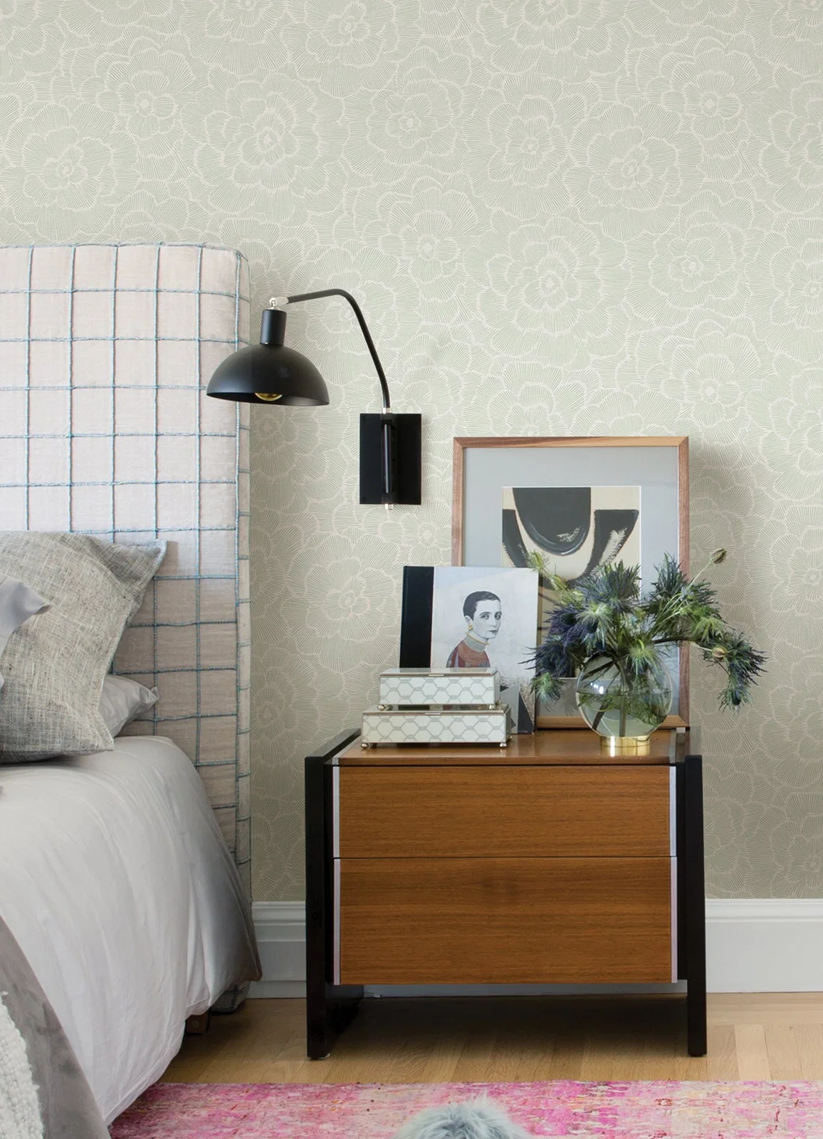 York Periwinkle Textured Floral wallpaper styled interior