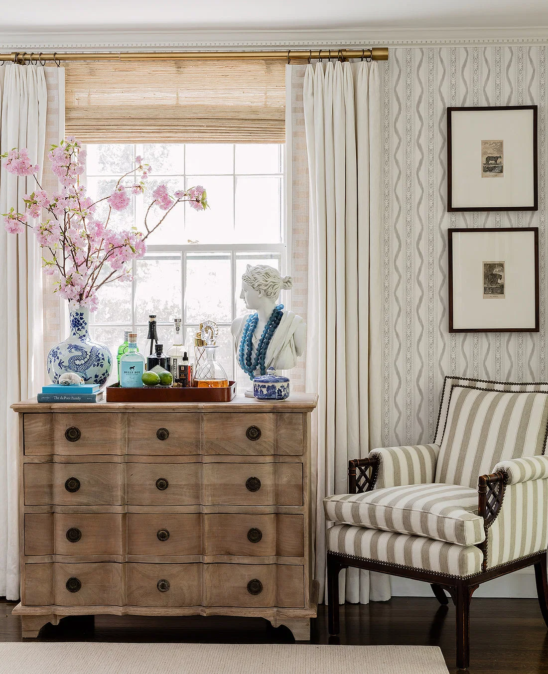 York Rhys IKAT Stripe wallpaper styled interior