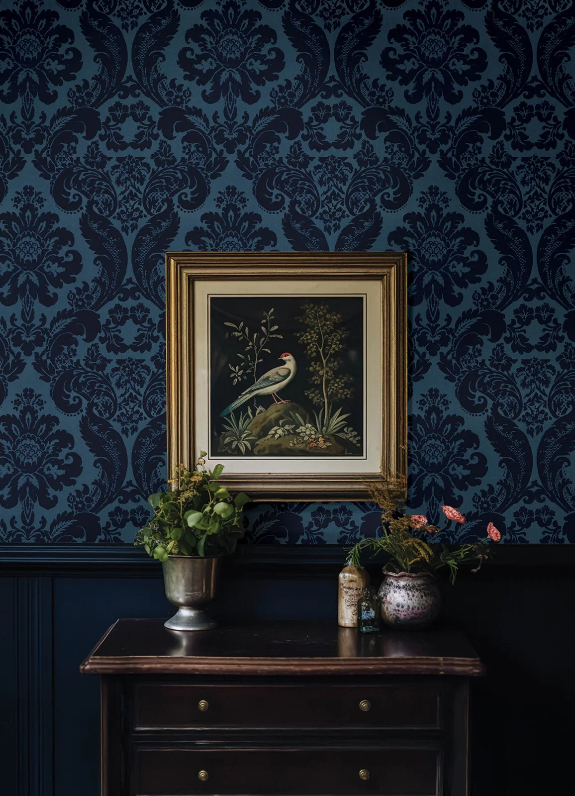 York Shadow Flocked Damask wallpaper styled interior