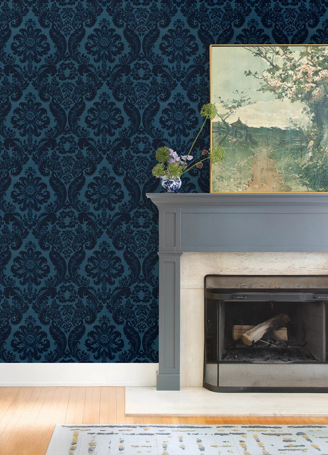 York Shadow Flocked Damask wallpaper pattern detail