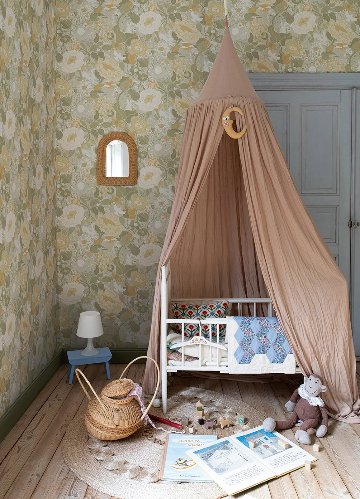 York Vaxa Rabbits & Rosehips wallpaper styled interior